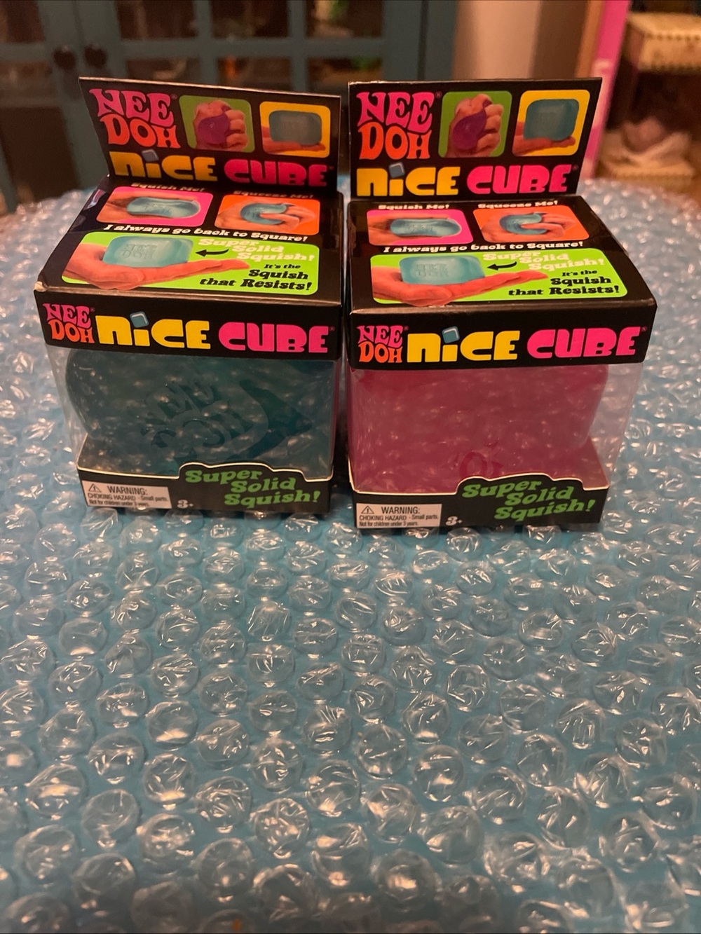 Nee Doh Nice Cube Super Solid Squish! Blue/Pink 3in Lot of 2